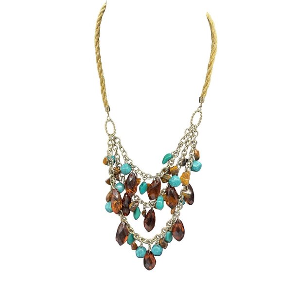 Loft Blue Brown Acrylic Beaded Multi-Strand Layered Statement Necklace Boho - Picture 1 of 5